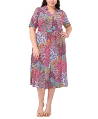 MSK - Plus Size Collared Printed Tie-Waist Midi Dress