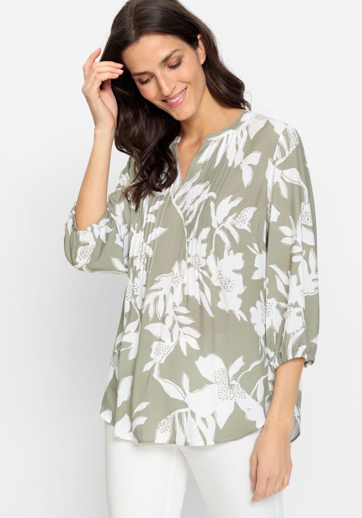 Women's Pure Viscose 3/4 Sleeve Abstract Floral Tunic Blouse - Light khaki