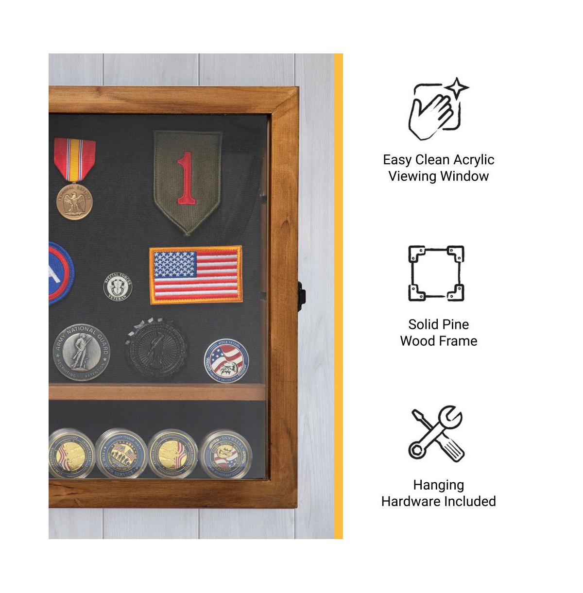 Medals Display Case - Solid Wood With Acrylic Window - Anti-Theft Lock With 2 Keys - For Mementos And Keepsakes