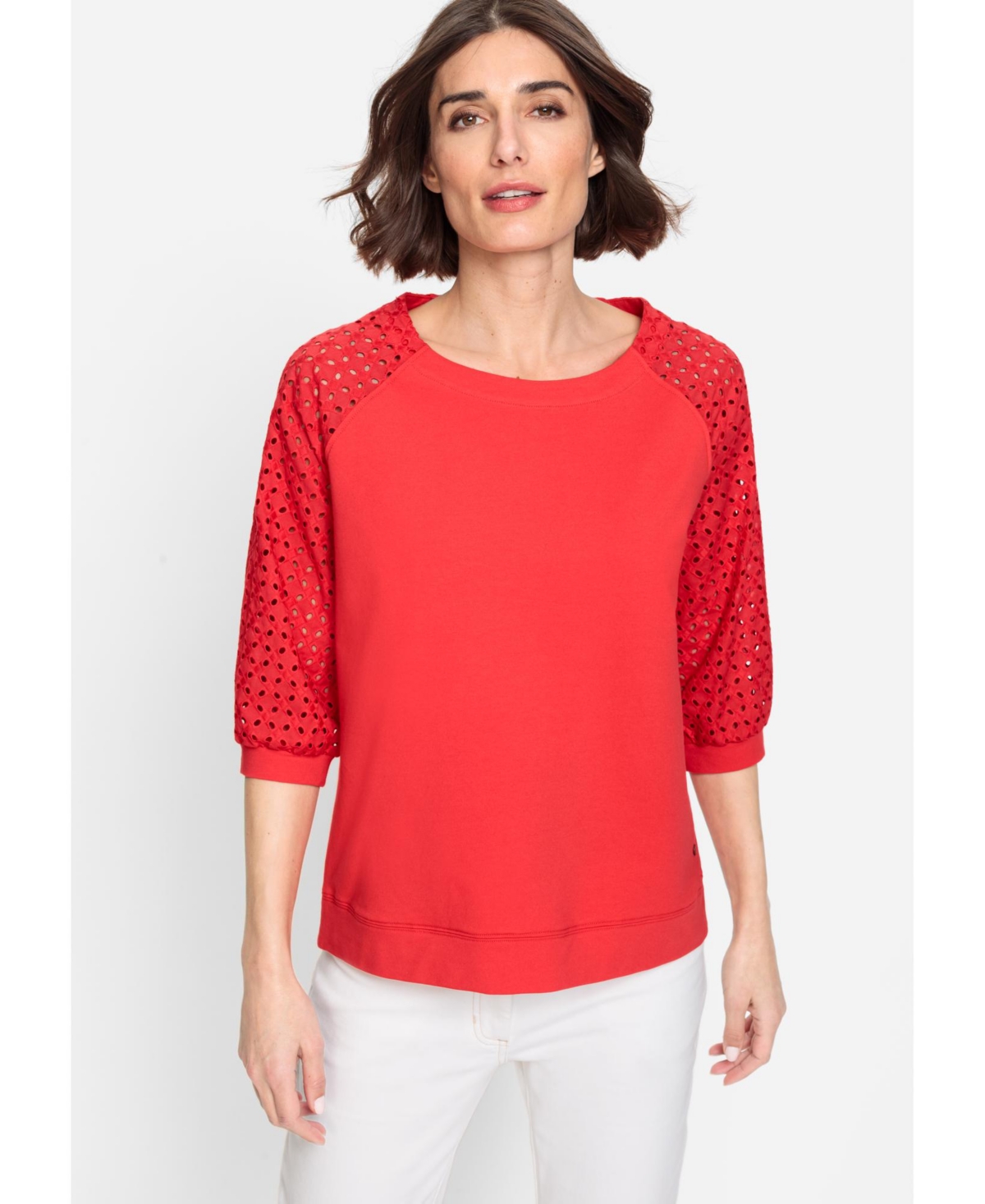 Olsen Women's Jersey and Eyelet Mixed Media Top