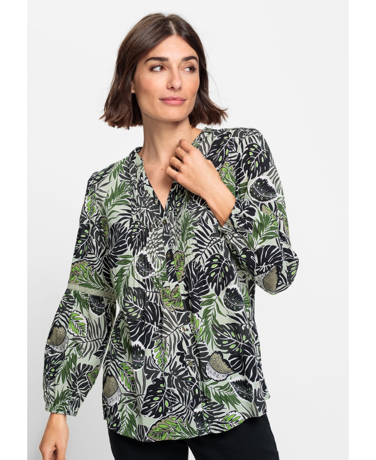 Women's Cotton Viscose Leaf Print Tunic Shirt - Dk khaki