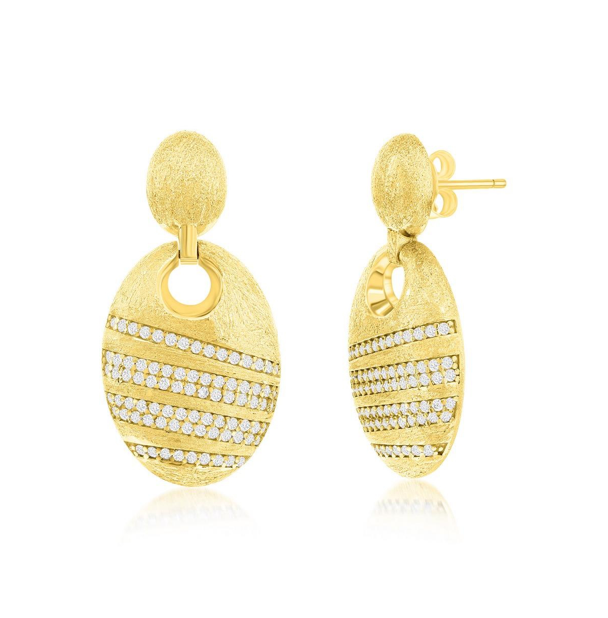 Gold Plated Over Sterling Silver Double Oval Brushed Cz Earrings - Gold