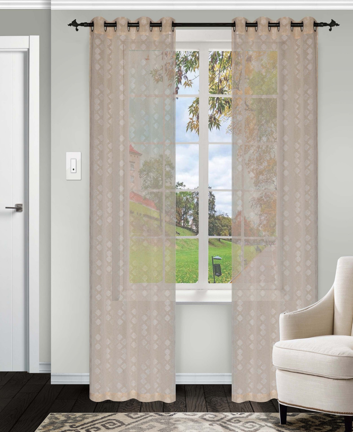Transitional Argyle Sheer Modern 2-Piece Curtain Set Wrinkle resistant with Grommet Header Top, 52" X 63" - Linen