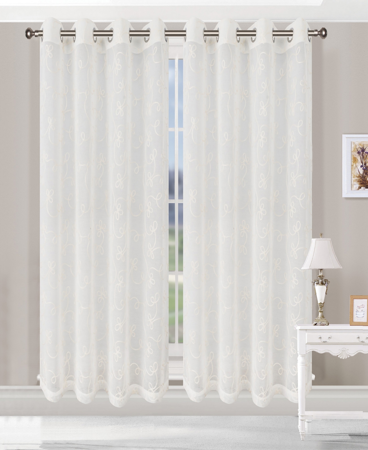 Modern Scroll Sheer 2-Piece Curtains Panel Set with Grommet Header Top, 42" X 84" - Ivory