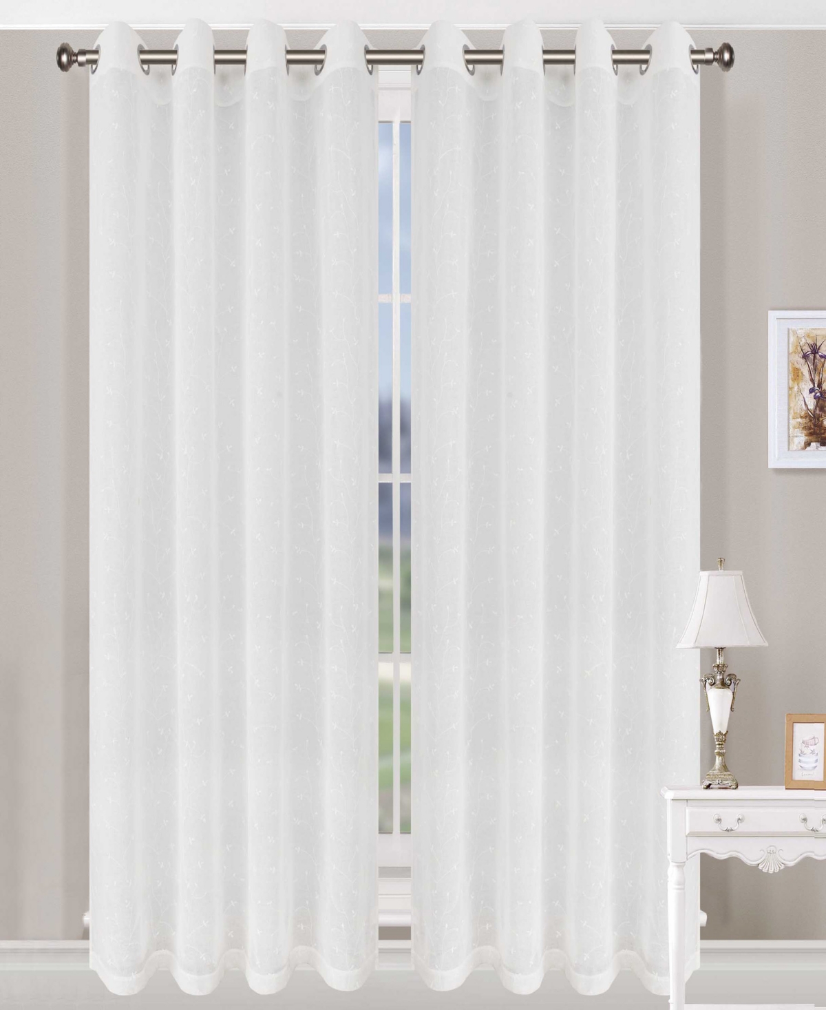 Superior Traditional Embroidered Delicate Flower Farmhouse Sheer Grommet 2-Piece Curtain Panel Set with Grommet Header Top, 52