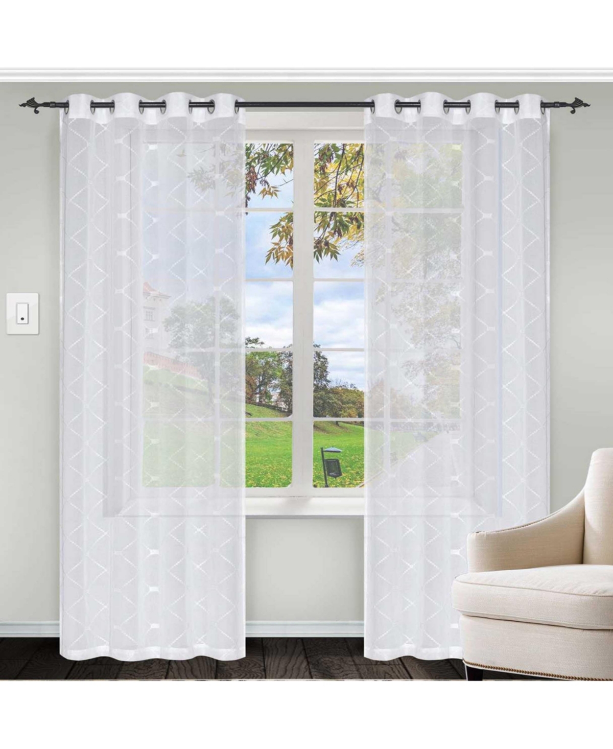 Modern Elegant Diamond Sheer Rustic 2-Piece Curtain Panels with Grommet Header Top, 52" X 84" - White