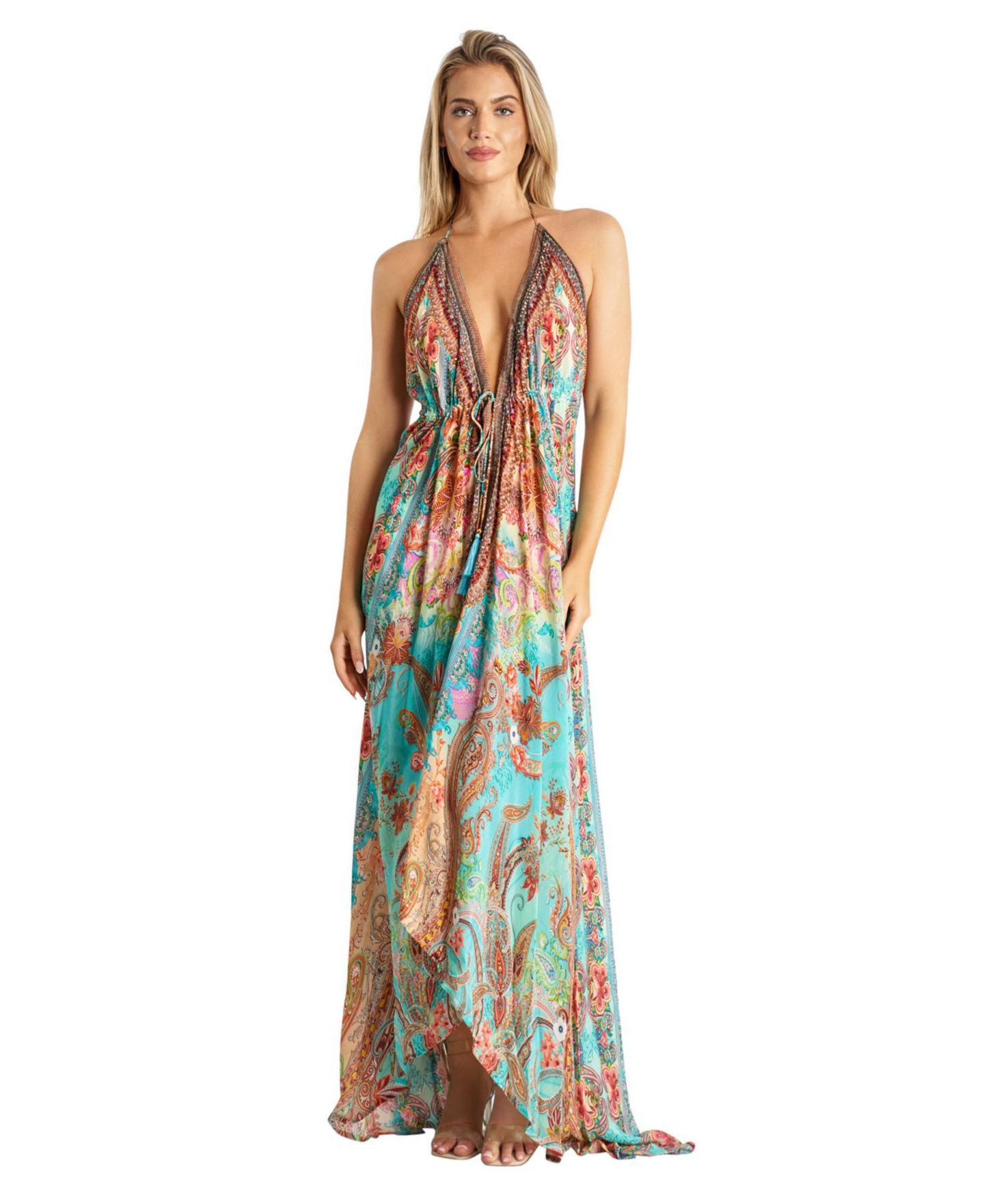 Женское платье La Moda Clothing Maxi Boho Art Halterneck, цвет: Бирюзовый / Розовый — фото 1