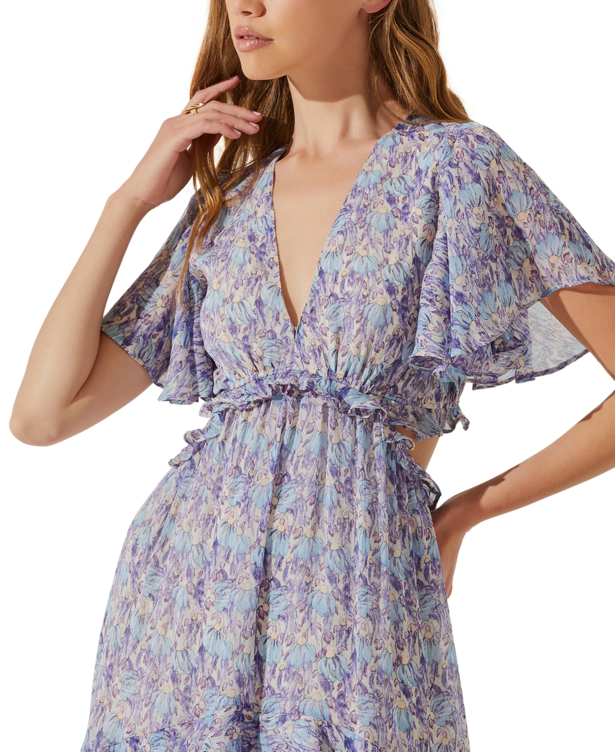 Astr the Label Cherli Ruffled Lace-Up Cutout-Back Maxi Dress -blue Floral