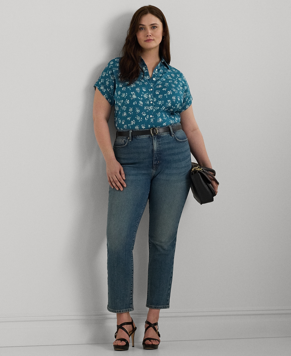 Lauren Ralph Lauren Plus Size Cuffed Linen Floral Shirt