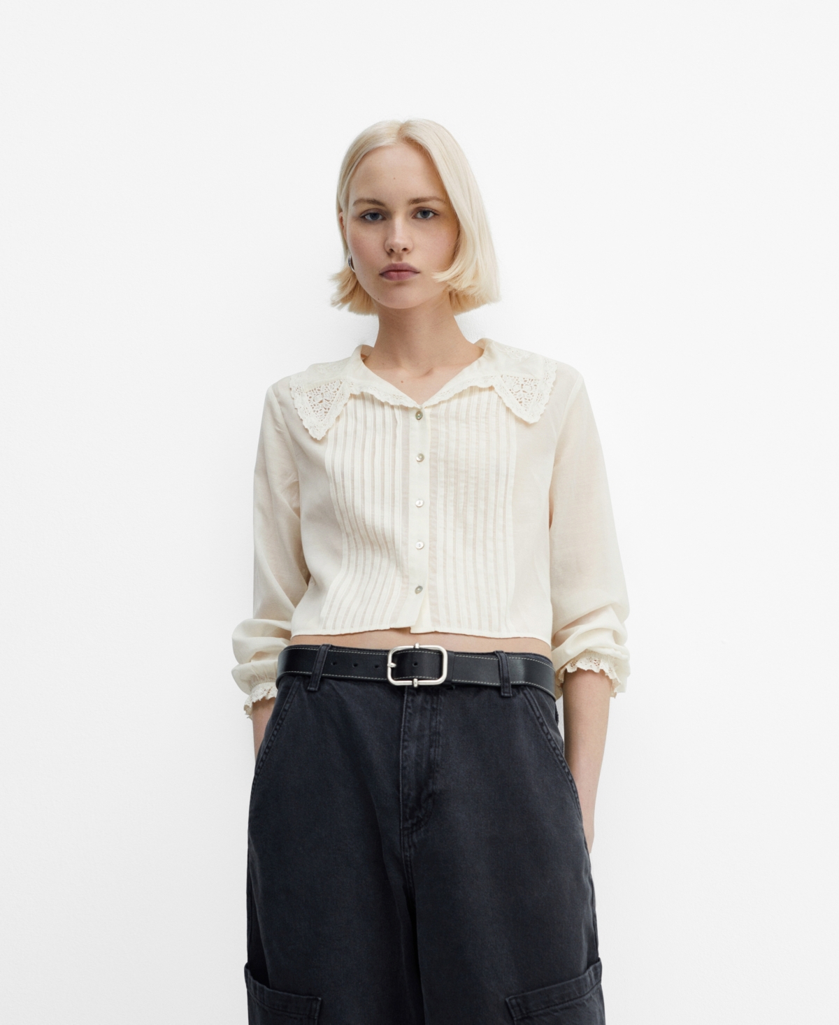 Shop Mango Women's Collar Detail Openwork Shirt In Natural White