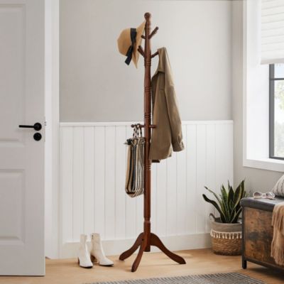 Coat Rack With 10 Hooks, Rubber Wood Coat Tree Free Standing, For Clothes, Hats, Handbags, Umbrella
