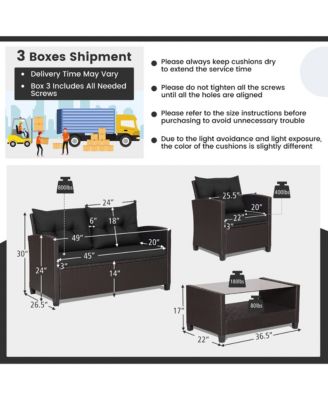 4PCS Outdoor Conversation Set Patio PE Rattan Set w/ Glass Table & Sofa Cushions