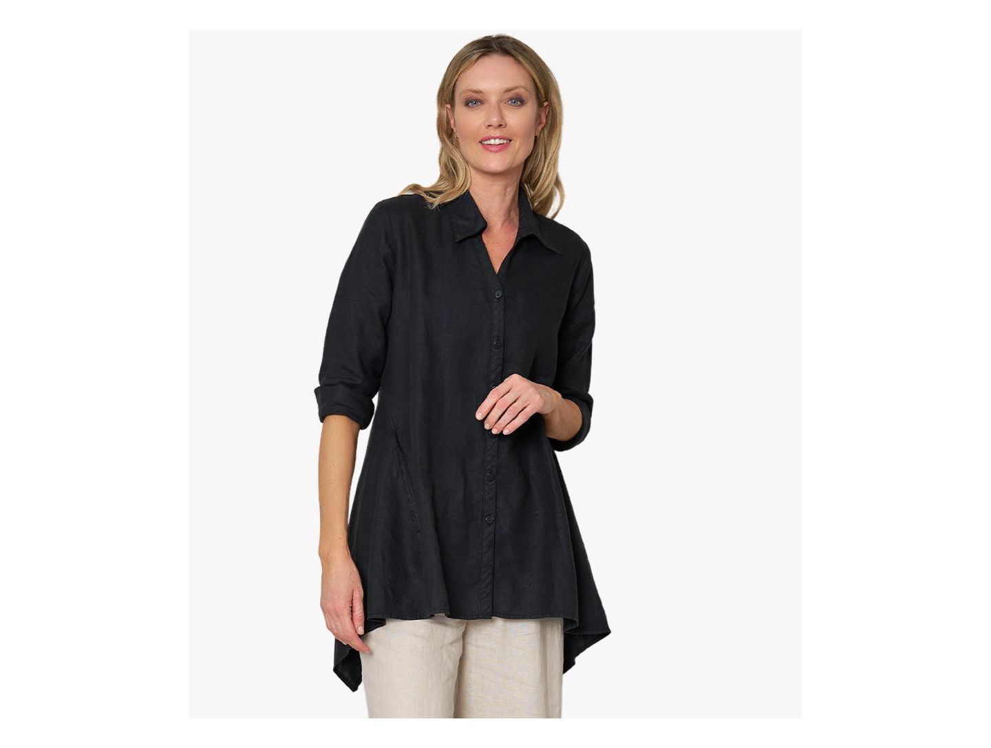 Женская рубашка Stella Carakasi Linen Long Sleeve Collared V-Neck True Form, цвет: Чёрный — фото 1