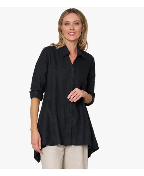 Женская рубашка Stella Carakasi Linen Long Sleeve Collared V-Neck True Form, цвет: Чёрный