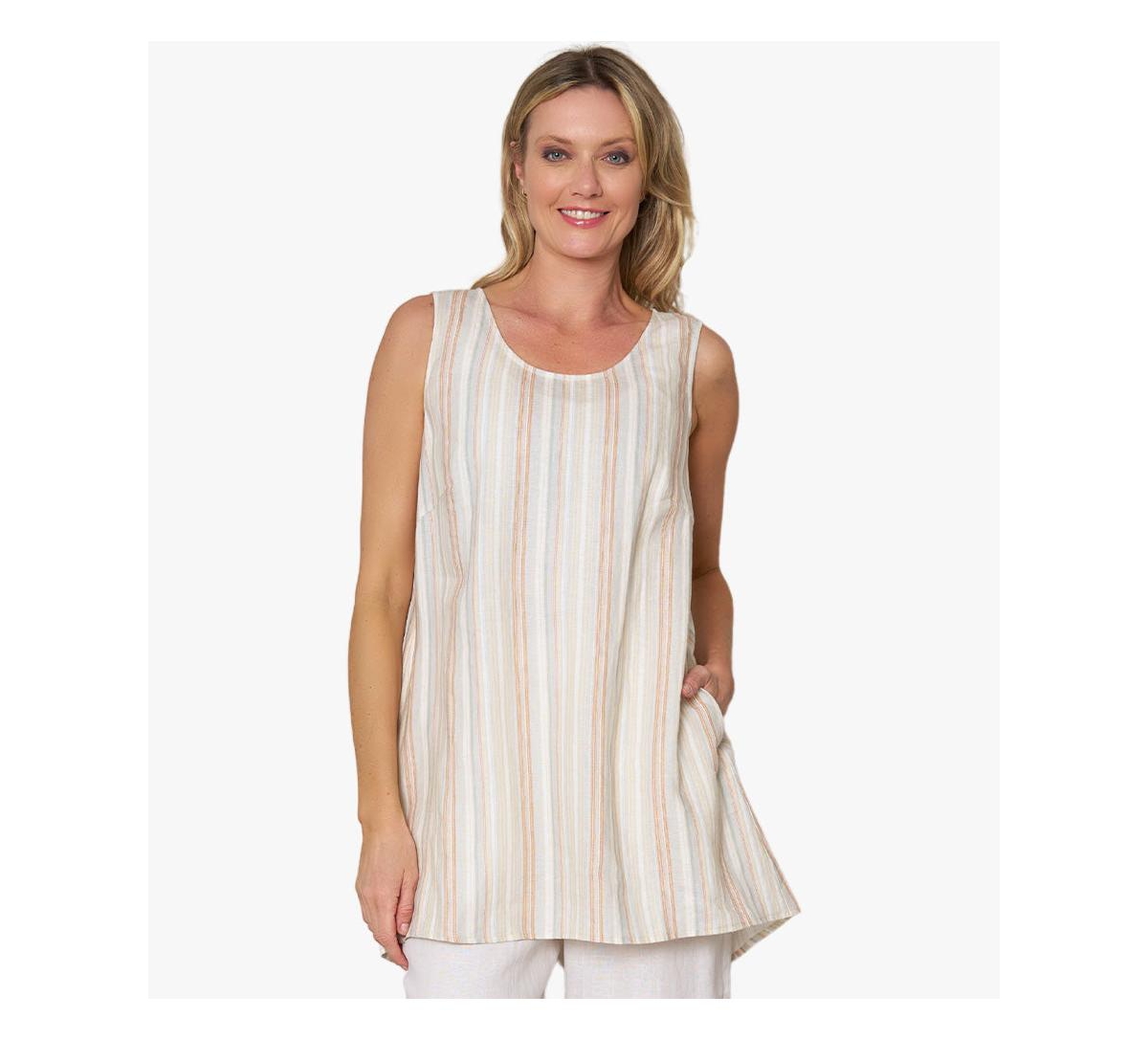 Women's Linen Sleeveless Striped A-Line Santorini Top - Yarn dye stripe