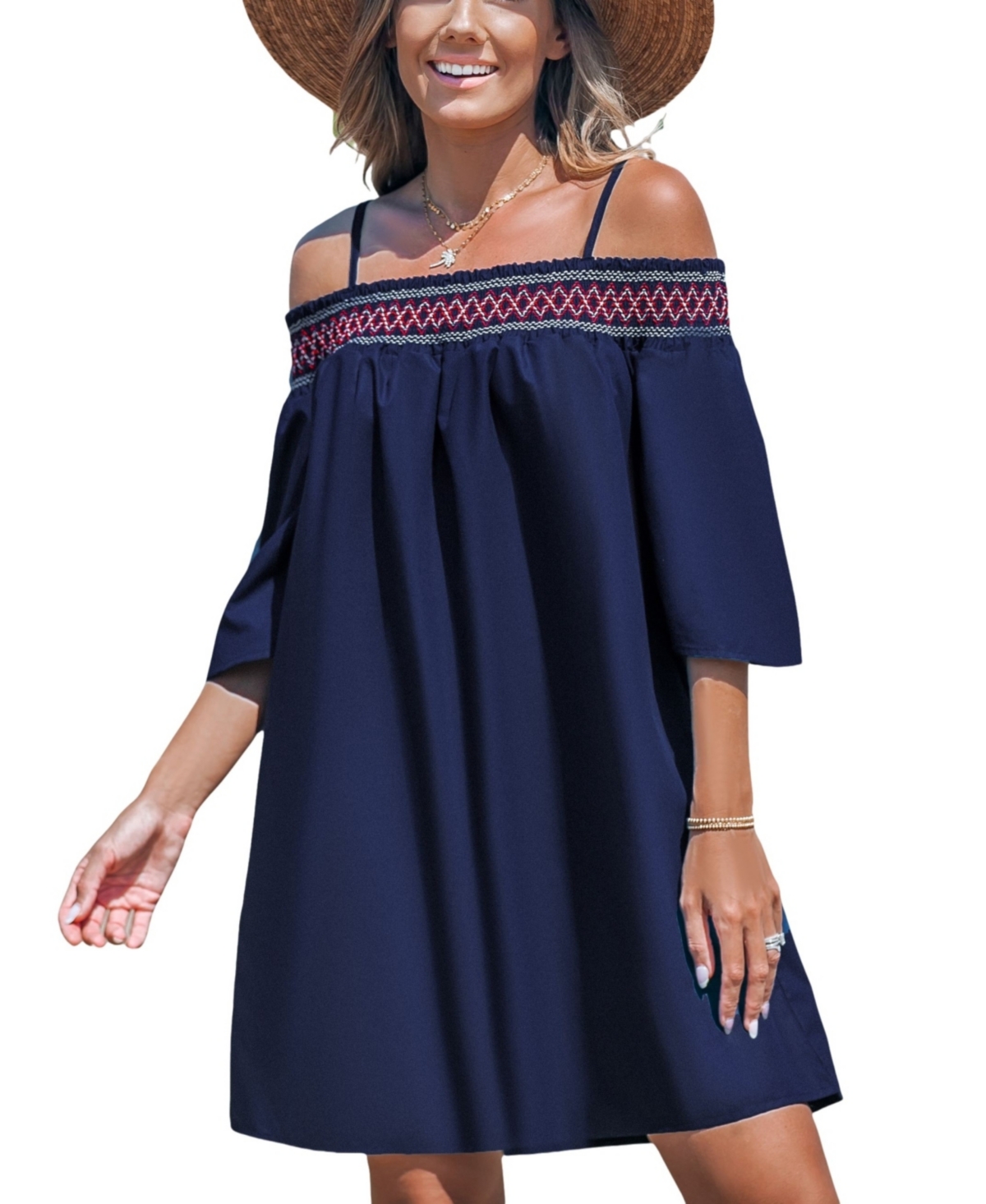 Women's Smocked Lace Open-Shoulder Beach Dress - Dark blue