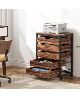 5-Drawer Wood Storage Cabinet with Wheels – Industrial Organizer Cart for Office, Bedroom, Entryway
