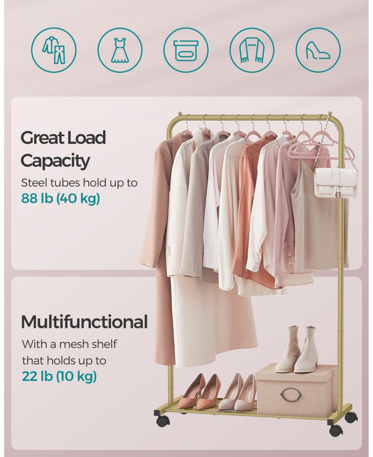 Slickblue Clothes Rack with Wheels, Garment Rack, with Dense Mesh Shelf, 2 Brakes, Sturdy Steel Frame