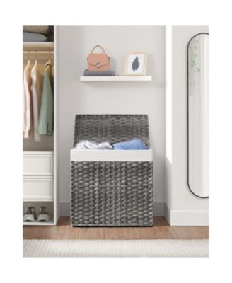 Synthetic Rattan Laundry Hamper with Lid, 2 Sections Removable Liner Bag