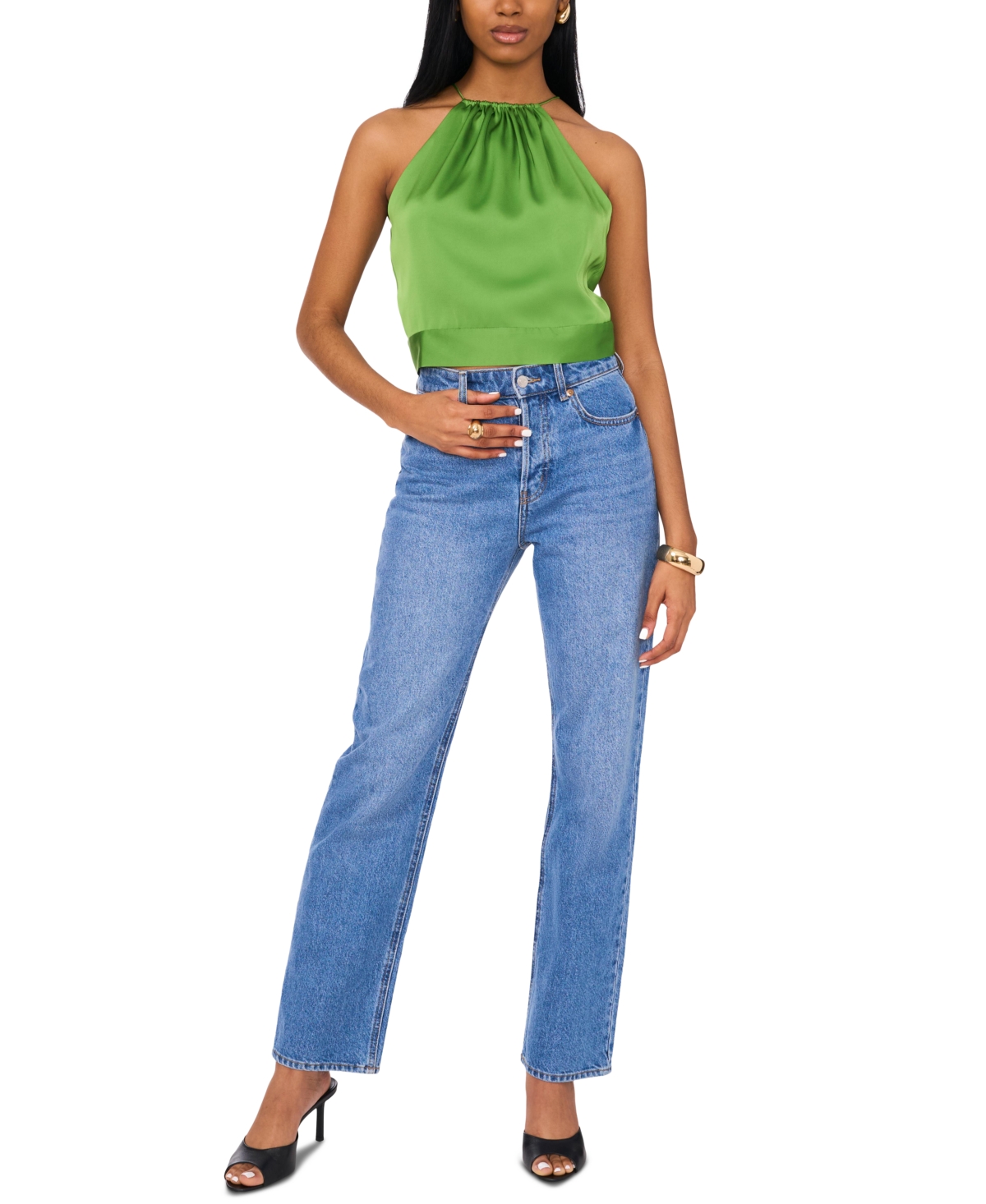 1.state Women's Sleeveless Tie Back Gathered Neck Halter Top