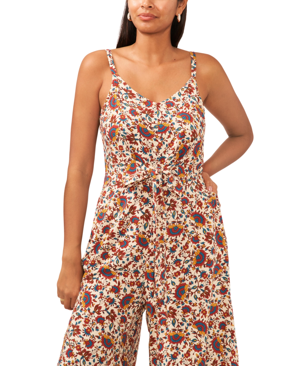 1.state Women's Printed Tie Front Sleeveless Cropped Jumpsuit