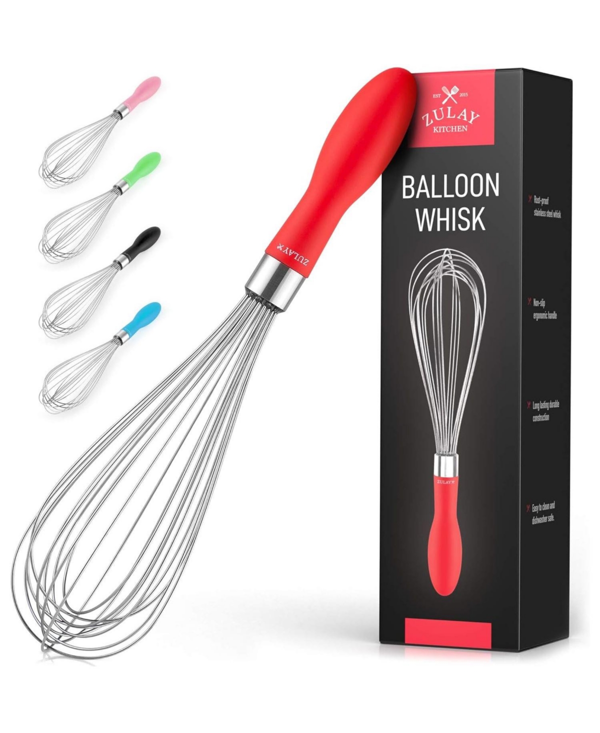 Zulay Kitchen 12-Inch Stainless Steel Whisk - Balloon Whisk Kitchen Tool With Soft Silicone Handle