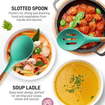 5 Piece Silicone Utensils Set with Authentic Acacia Wood Handles