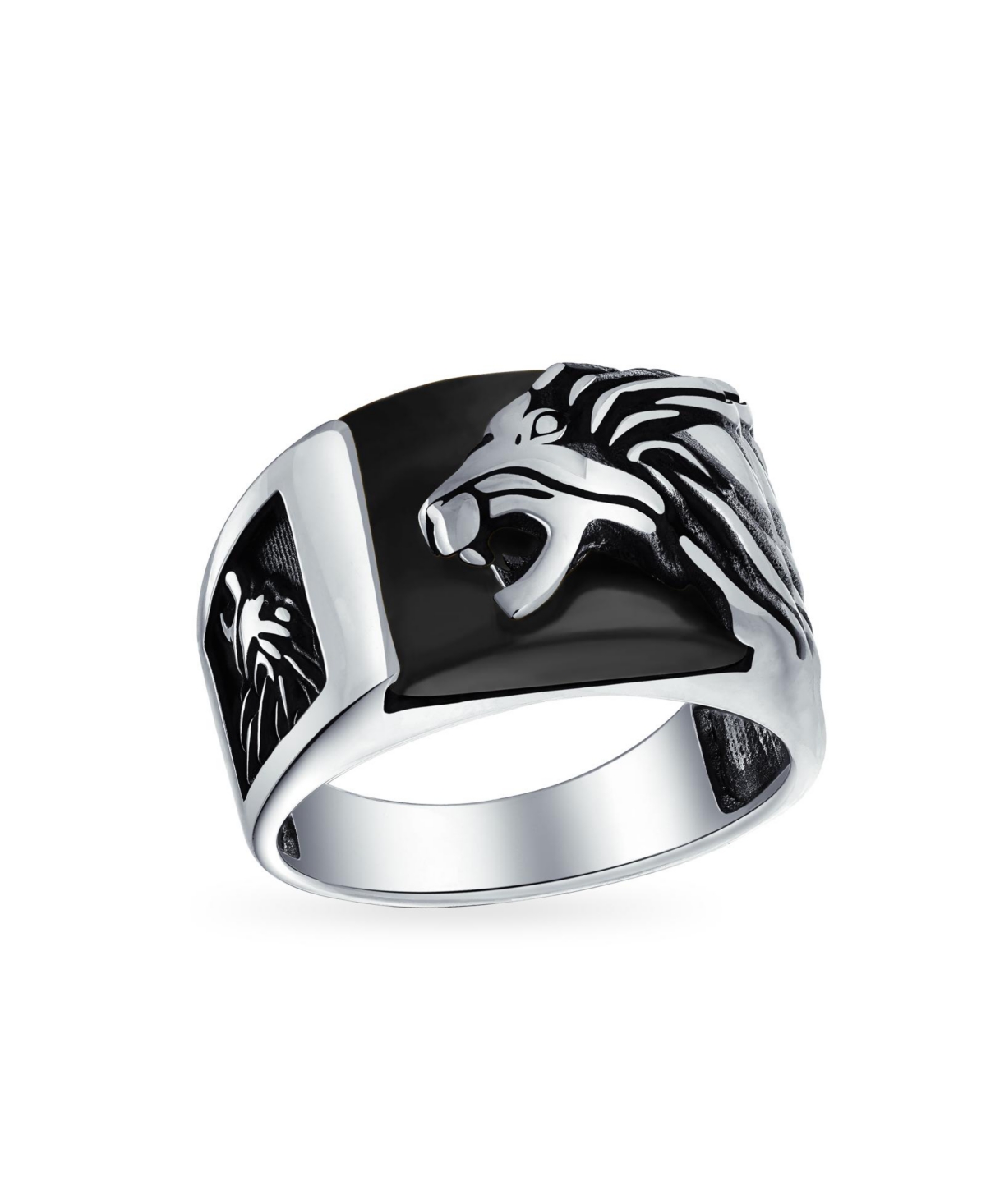 Men's Gemstone Large Roaring Lion Head Ring For Men Solid Oxidized .925 Sterling Silver Handmade In Turkey - Black