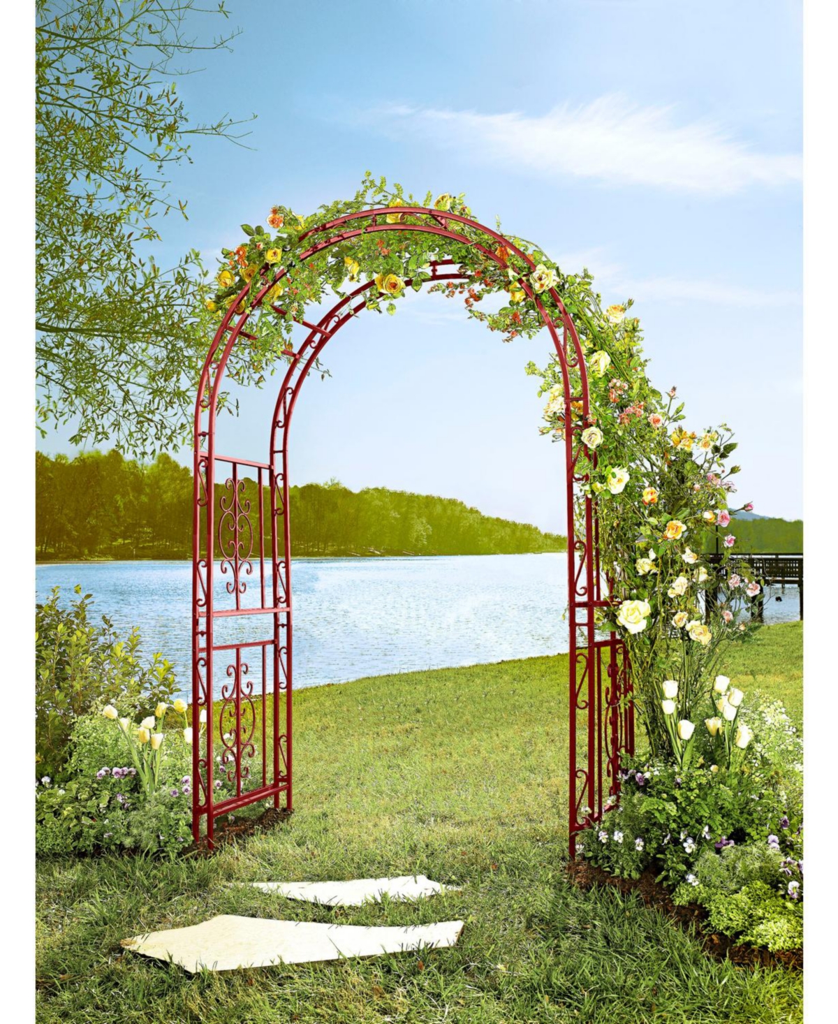 Evergreen Montebello Iron Garden Arbor, Americana Red- 53 Fade and Weather Resistant Outdoor Decor