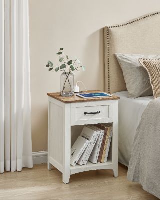 Farmhouse Nightstand with Drawer, Shelf, and Charging Station, Set of Bedside Tables