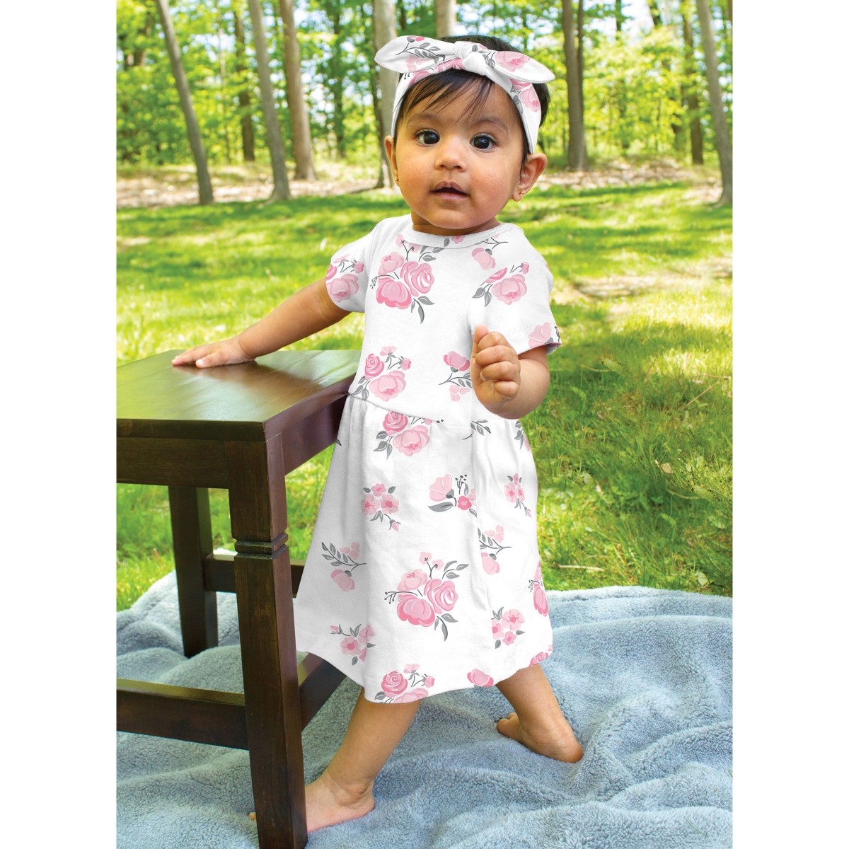Hudson Baby Toddler Girls Cotton Short-Sleeve Dresses 2pk,Gray Floral - Pink