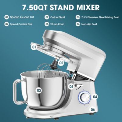 7.5 Qt Tilt-Head Stand Mixer 6 Speed with Egg Whisk, Dough Hook & Whisk