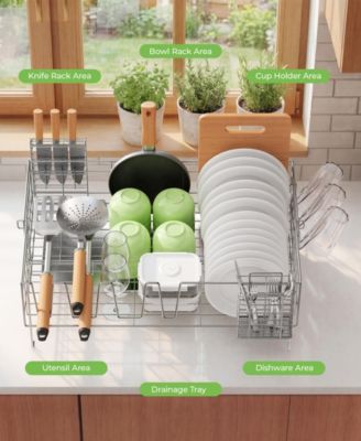 Expandable Kitchen Counter Stainless Steel Large Dish Drying Rack with Cutlery Box and Cup Knife Holder