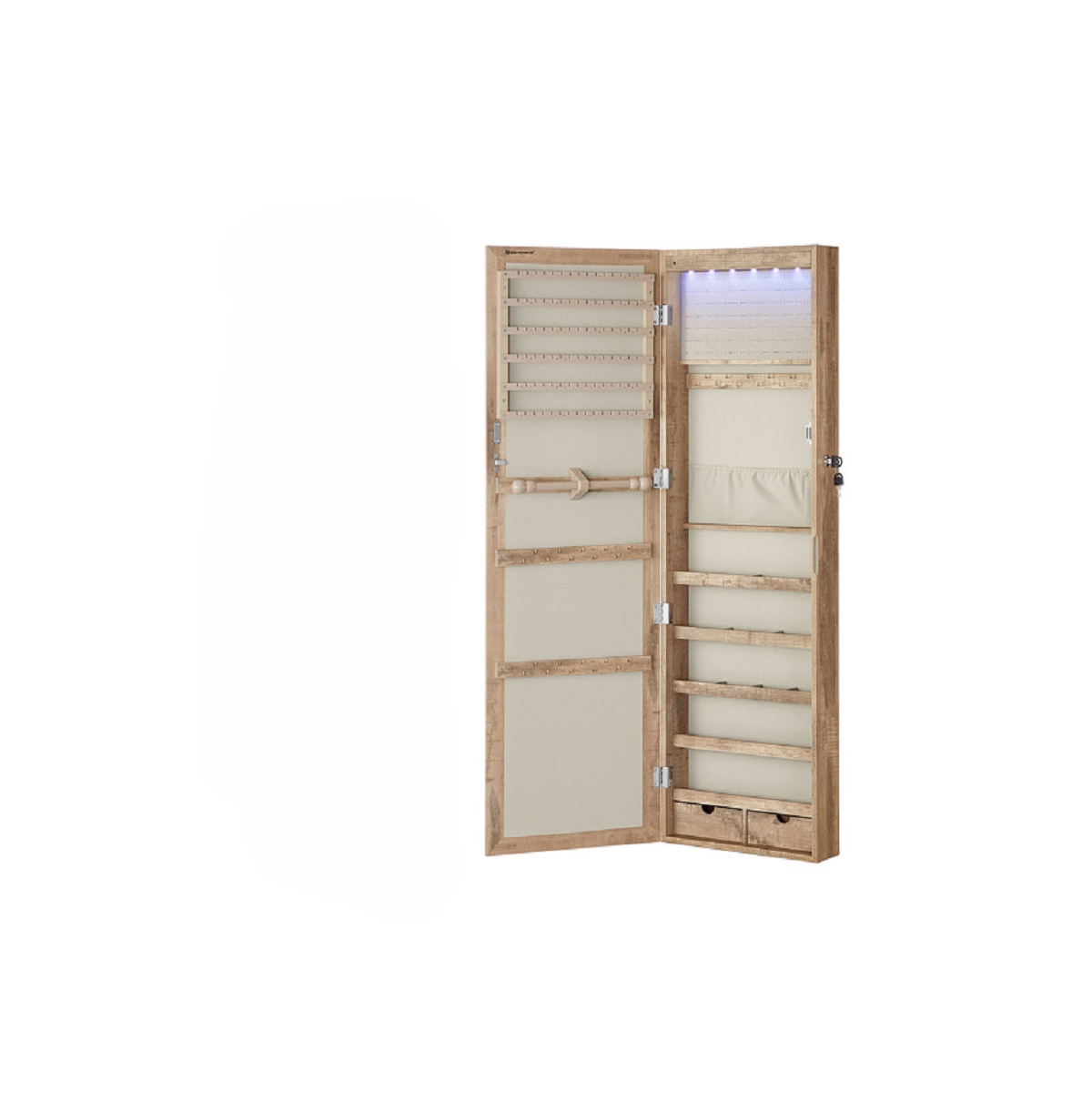 6 LEDs Mirror Jewelry Cabinet, Lockable Wall/Door Mounted Jewelry Armoire Organizer with Mirror - Toasted oak