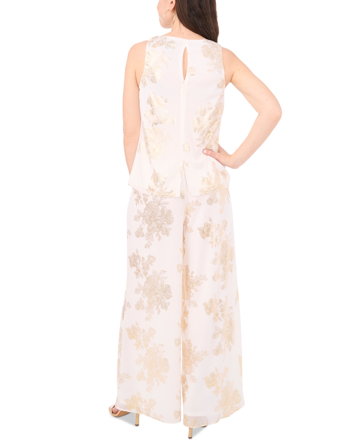 Msk Petite Metallic-Print Keyhole-Back Top -Gold