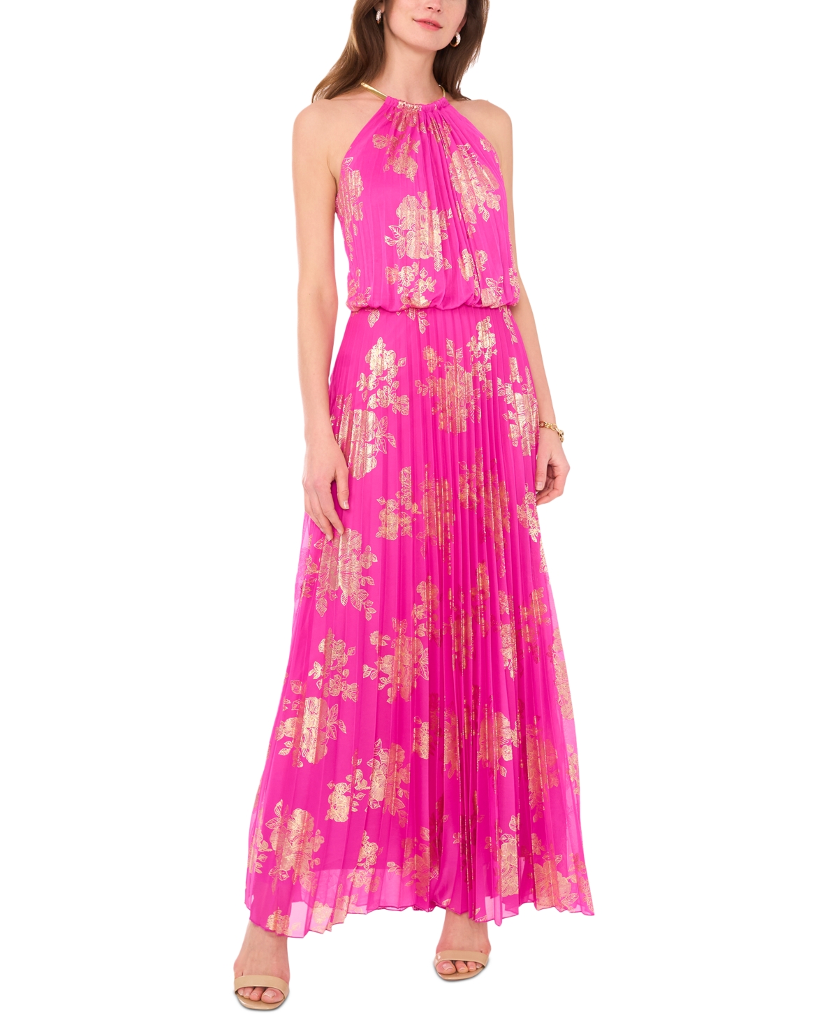 Petite Pleated Gold-Print Gown - Fuchsia/Gold
