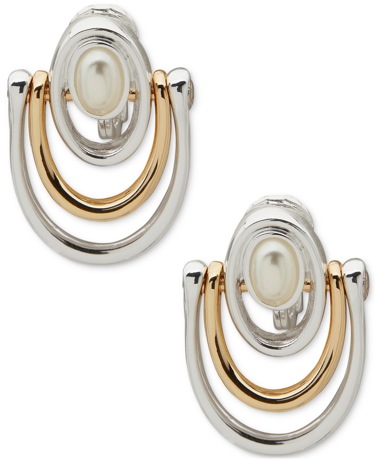 Two-Tone Imitation Pearl Multi-Row Clip-On Drop Earrings - Crystal