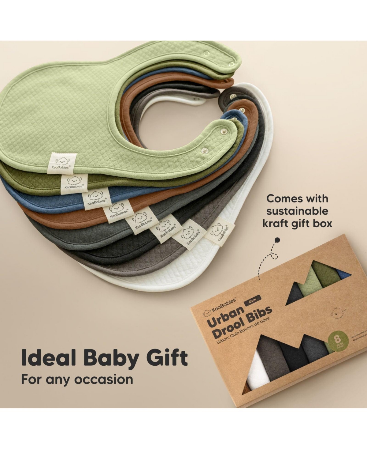 KeaBabies 8pk Organic Quin Baby Bibs for Drooling and Teething, Cotton Drool Bibs, Newborn Baby Boys, Baby Girls Bibs