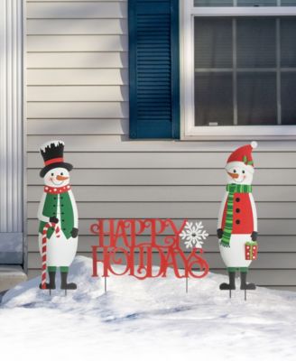 32"H Set of 3 Christmas Metal Snowman and HAPPY HOLIDAYS Yard Stake