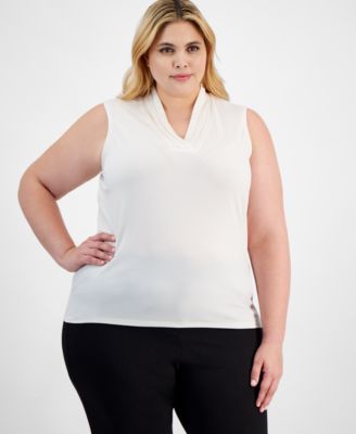 Anne Klein - Plus Size Printed Pleated-Neck Top