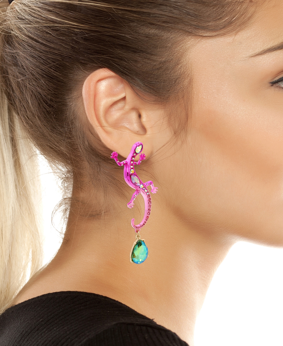 Shop Betsey Johnson Faux Stone Lizard Mismatch Earrings In Multi