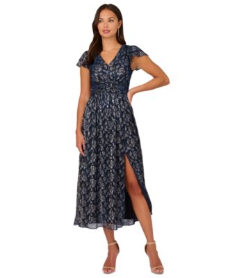 Adrianna Papell - Women's Metallic-Print Crinkle Belted Dress