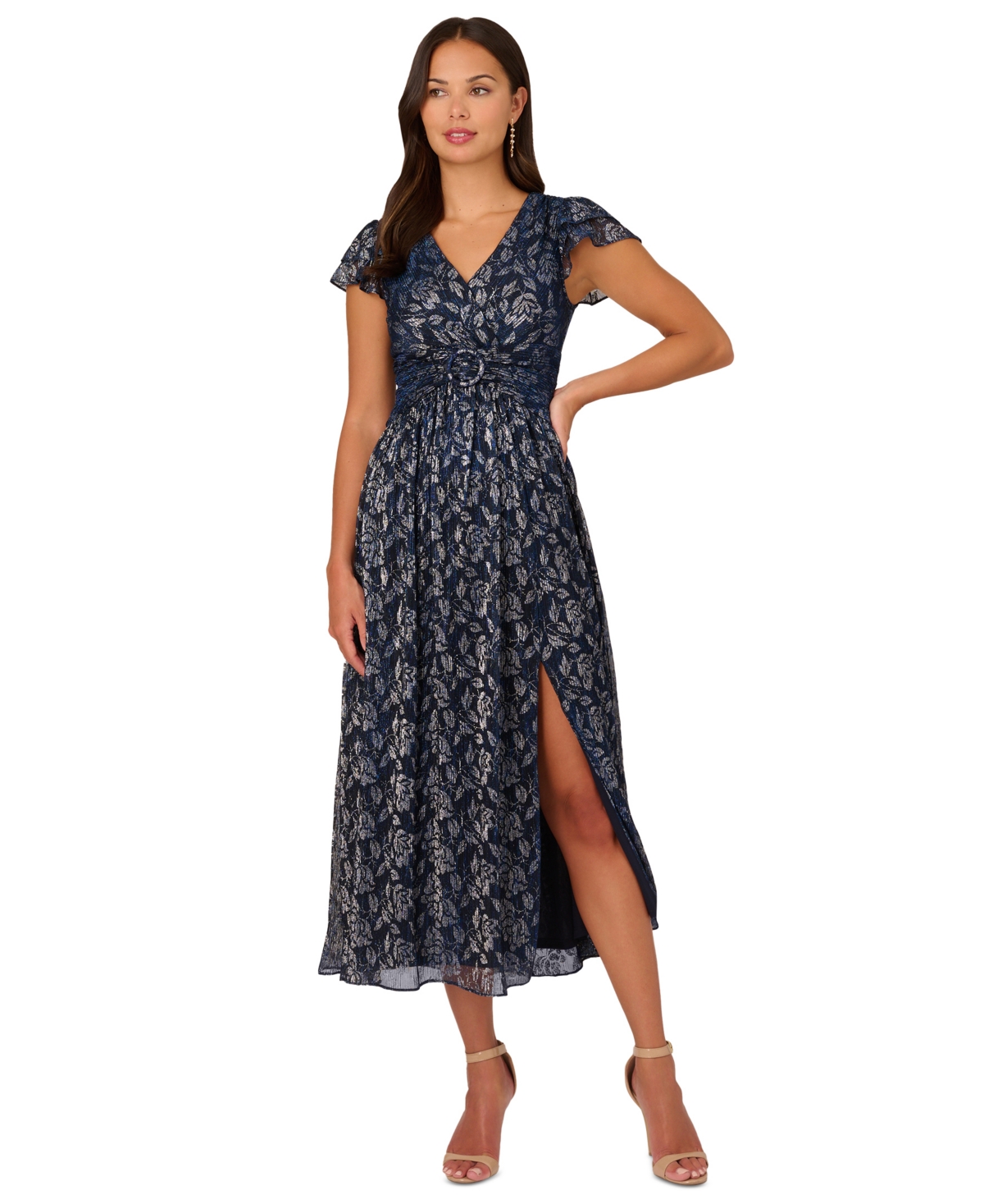 Women's Metallic-Print Crinkle Belted Dress - Navy Silver