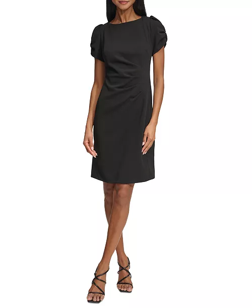 women's puff-sleeve side-pleated dress