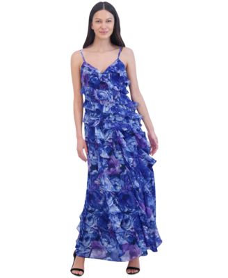 Eliza J Women s Ruffled Floral Print Sleeveless Chiffon Gown Macy s