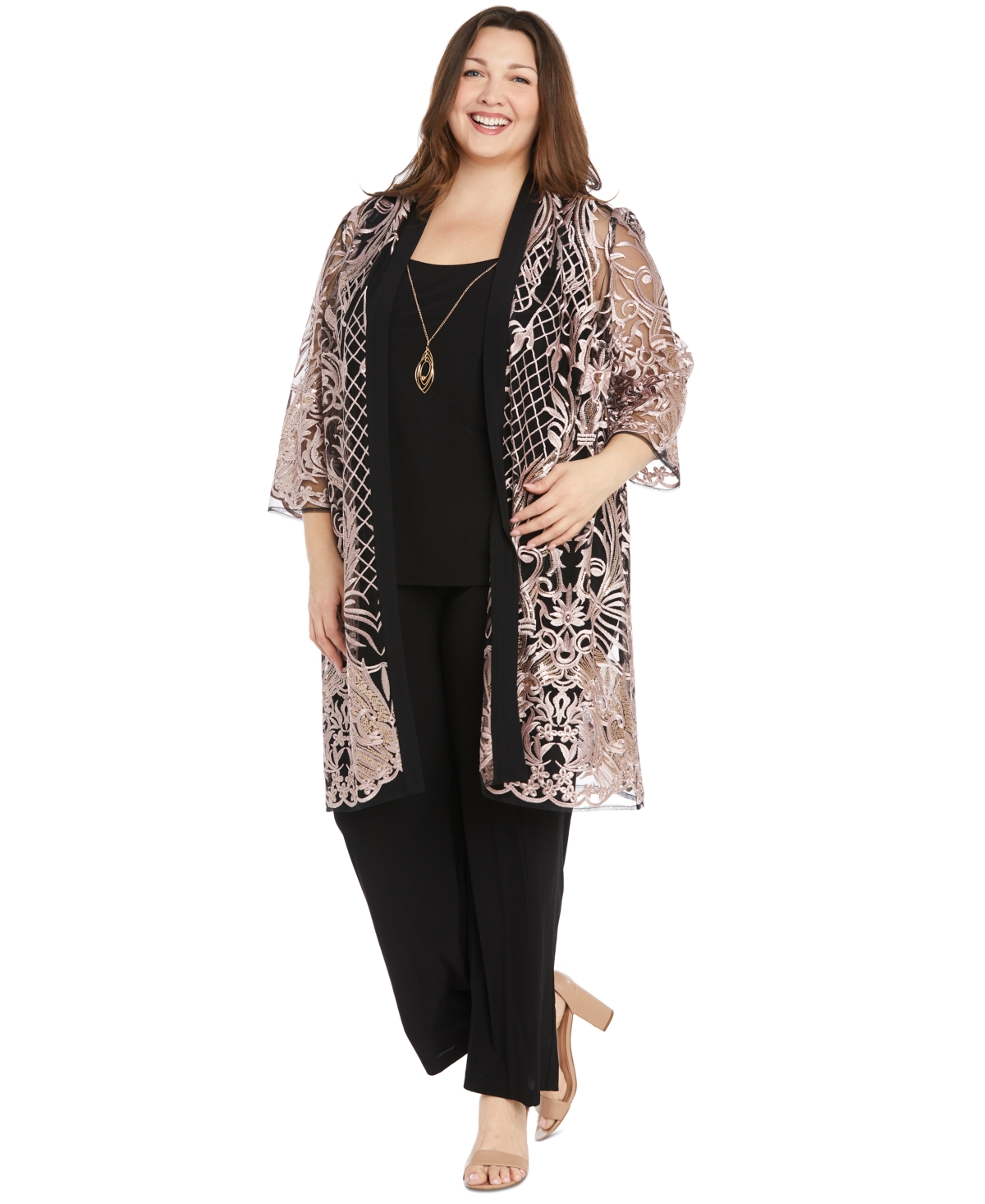 R & M Richards Plus Size Embroidered Duster Jacket, Tank And Pants 3-pc. Set In Rose,black