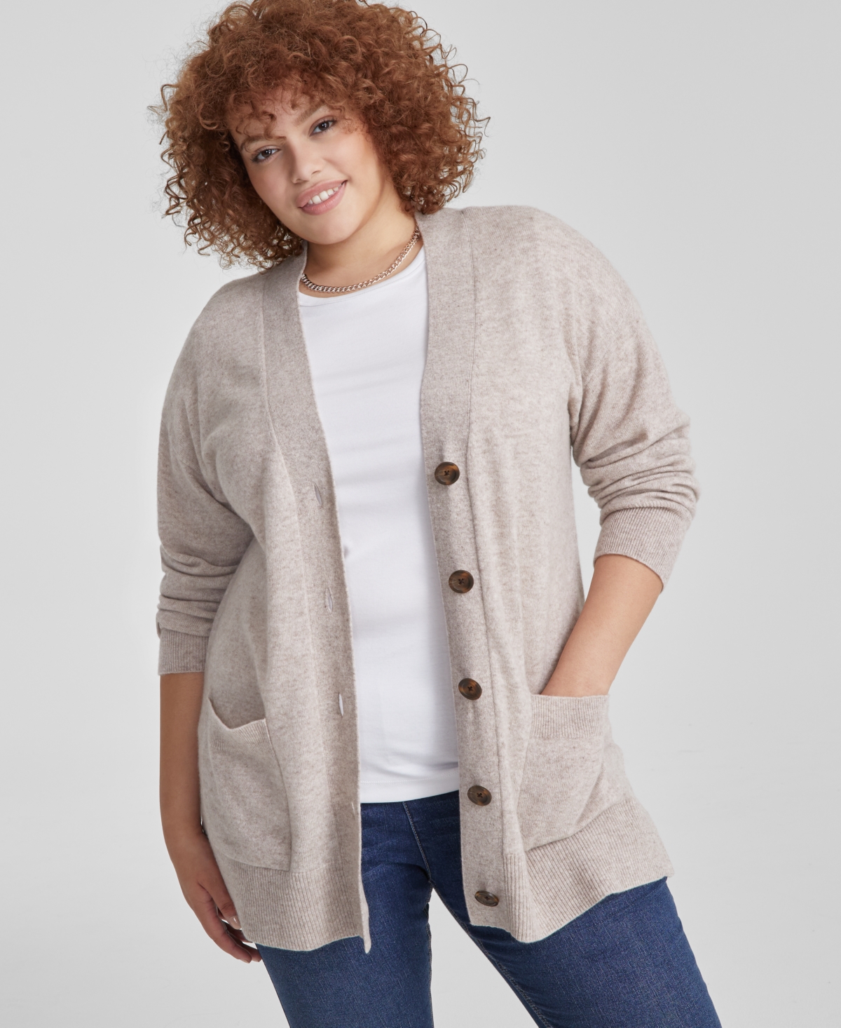Charter Club Plus Size Cashmere Button-front Cardigan, Created For Macy's In Pearl Taupe Heather