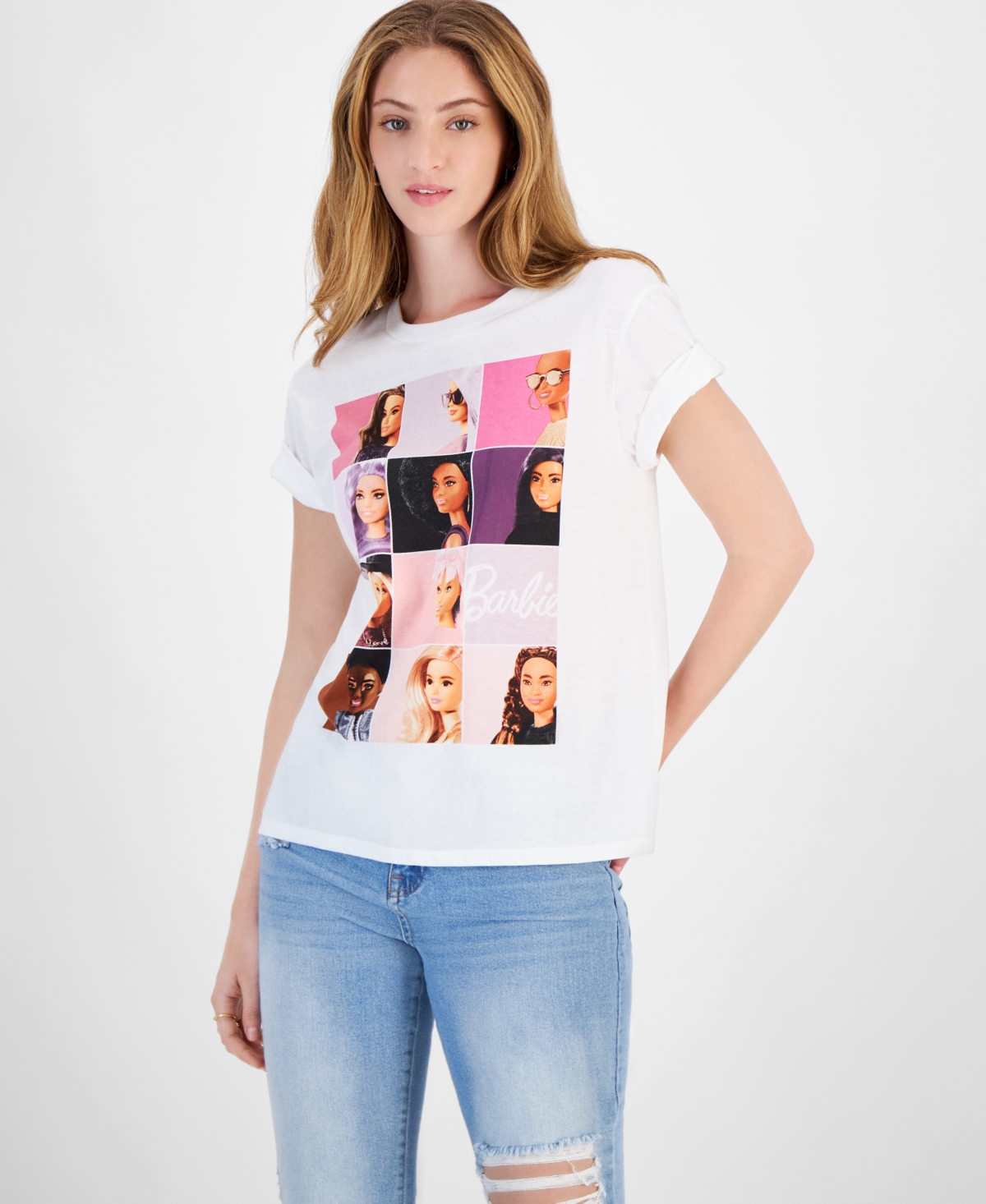 Juniors' Barbie Grid Cotton Graphic T-Shirt - White