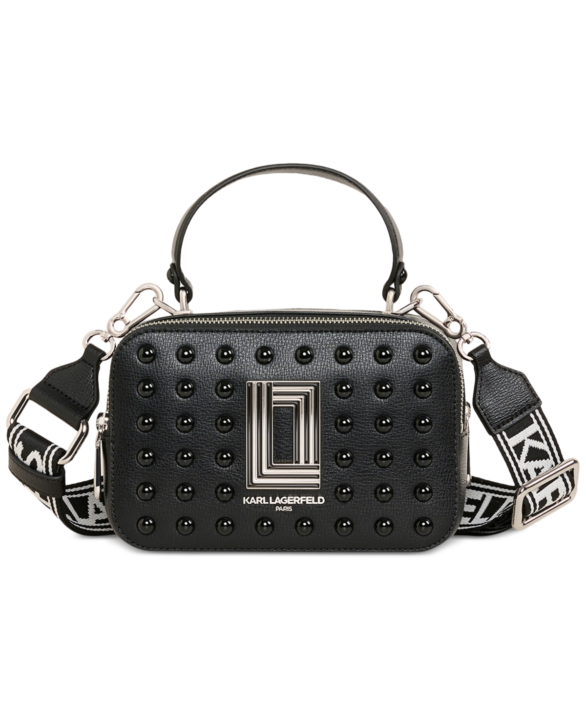 Karl Lagerfeld Simone Karl Leather Small Camera Crossbody In Black Tonal Dots