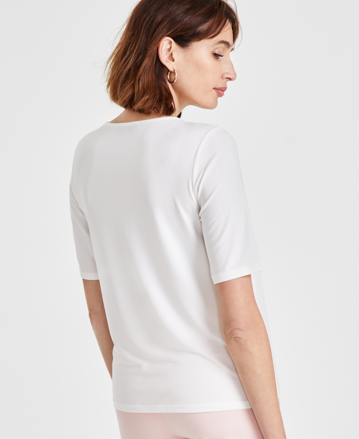 Kasper Petite Pleated-Neck Elbow-Sleeve Top